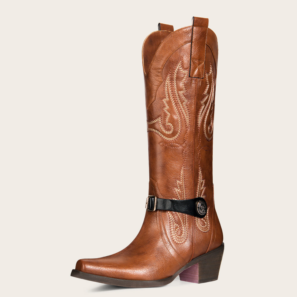 Full-grain leather exterior cowgirl boots